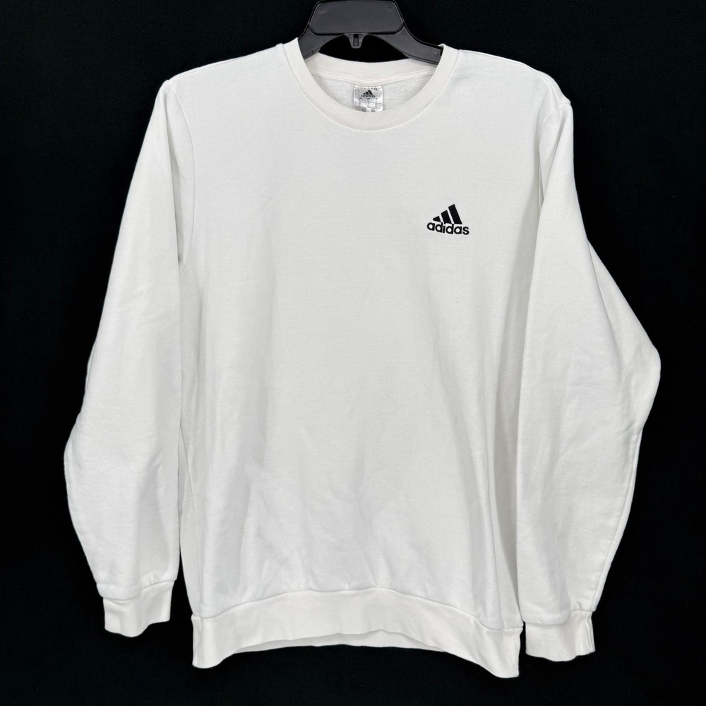 Adidas Mens White Crewneck Sweatshirt Embroidered Logo Fleece Pullover Large